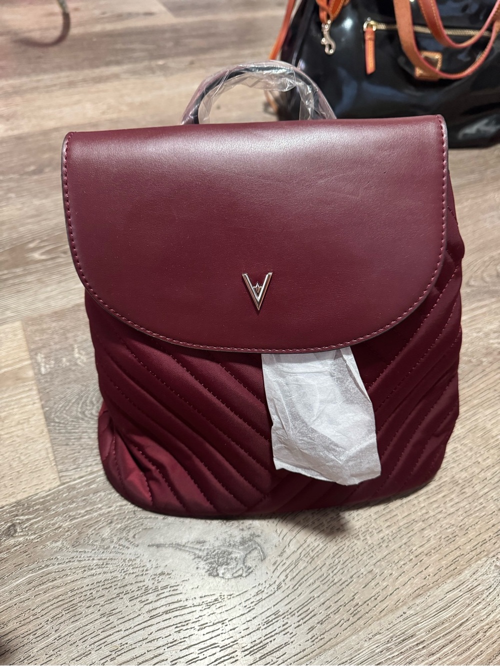 Vanessa Williams Quilted Burgundy Mini Backpack with V Accent